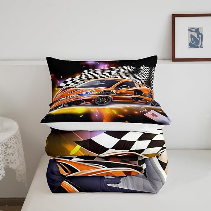 Feelyou Sports Car Comforter Set Queen, Orange Racing Car Bedding Set 3pcs for Kids Boys Teens Bedroom Cool Speed Luxury Car Decor, Black White Plaid Grid Print Quilt Set with 2 Pillowcases