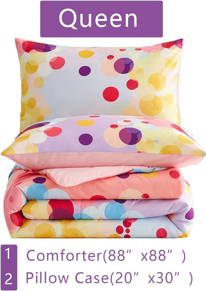 Rainbow Ombre Comforter Set Queen Size for Girls, Colorful Bubbles Polka Dots Comforter for Kids Teen, 3 Piece Orange Pink Purple Blue Gradient Pastel Bedding Set with 2 Pillow Case(Rainbow,Queen)