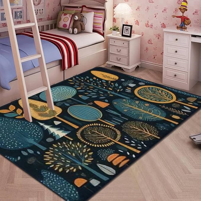 Soft Kids Play Area Rugs 3D Home Set Cartoon Doodle Trees Beautiful Hand Drawn Childish Primitive Style Plush Rugs Non Slip Shaggy Carpets for Kids' Bedroom Classroom Playroom Nursery Décor