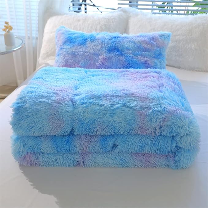 Faux Fur Kids Girls Blue Rainbow Comforter Sets Twin/Full - 3PC Bed Set Warm Comfortable Soft Plush Flannel Velvet Fluffy Fuzzy Bedding（Comforter x 1 Pillowcases x 2）