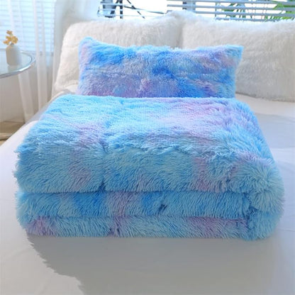 Faux Fur Kids Girls Blue Rainbow Comforter Sets Queen - 3PC Bed Set Warm Comfortable Soft Plush Flannel Velvet Fluffy Fuzzy Bedding（Comforter x 1 Pillowcases x 2）