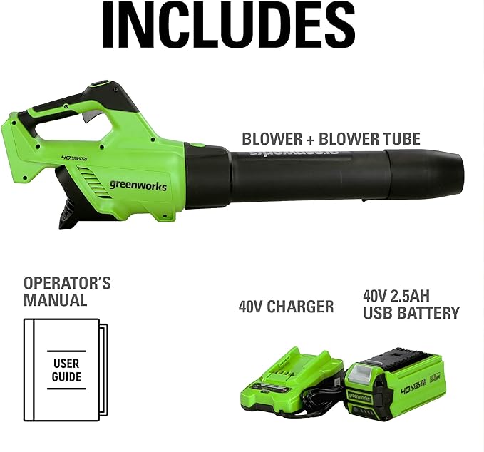 Greenworks 40V (120 MPH / 500 CFM / 75+ Compatible Tools) Cordless Axial Leaf Blower, 2.5Ah Battery and Charger Included