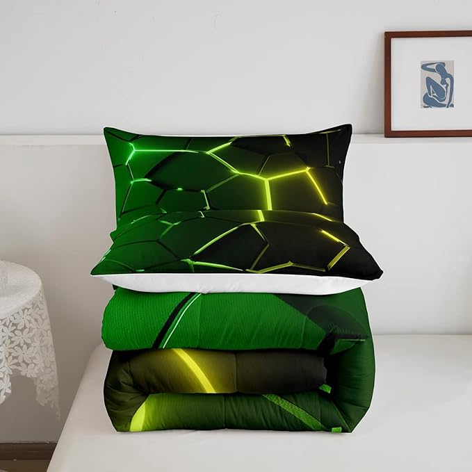 Honeycomb Comforter Green Yellow Hexagonal Print Bedding Set for Kids Boys Girls Children Beehive Geometrical Comforter Set Ultra Soft Decor Reticulated Duvet Set Queen Size