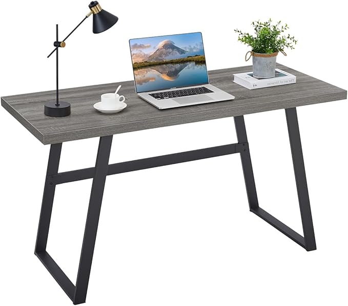 BON AUGURE 55 inch Modern Writing Desk, Rustic Computer Desk for Home Office, Sturdy Simple Wood and Metal Desk, Industrial Work Study Table (Dark Grey Oak)