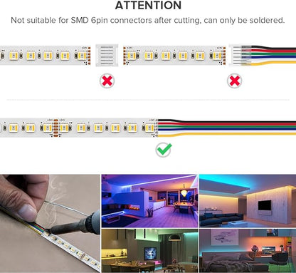 BTF-LIGHTING RGBCCT 5 Colors in 1 LED Tape Lights 5050SMD RGBWW RGB+Dimmable Color Temperature 2700K-6500K 16.4ft 96LED/m 480LED IP65 DC24V White PCB for Home Decoration(No Adapter or Controller)