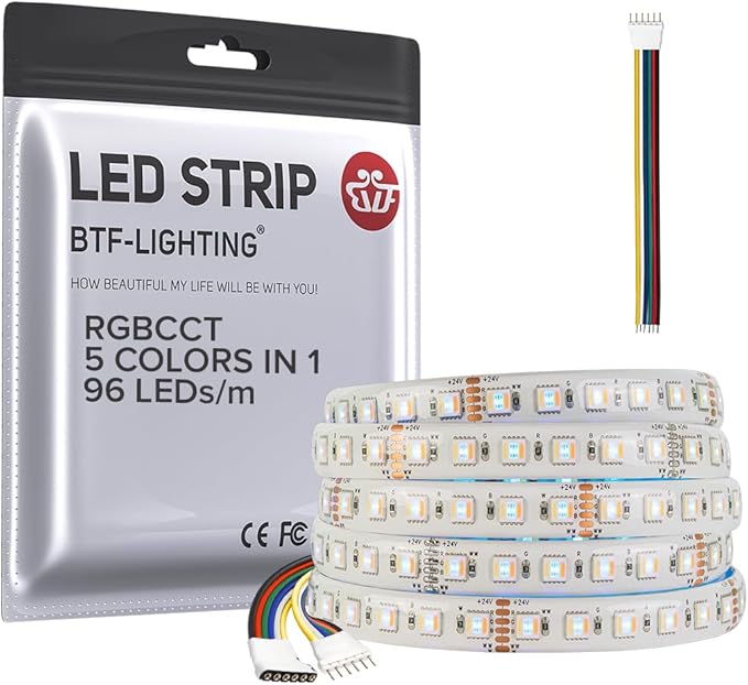 BTF-LIGHTING RGBCCT 5 Colors in 1 LED Tape Lights 5050SMD RGBWW RGB+Dimmable Color Temperature 2700K-6500K 16.4ft 96LED/m 480LED IP65 DC24V White PCB for Home Decoration(No Adapter or Controller)