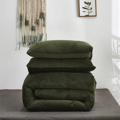 Dark Green Velvet Comforter Set Full Army Green Flannel Velvet Bedding Comforter Set All Deep Green 3 PCs Shaggy Soft Warm and Durable Flannel Blanket Full Women Green Velvet Bedding Set