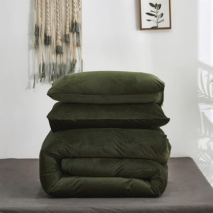 Dark Green Velvet Comforter Set Twin Army Green Flannel Velvet Bedding Comforter Set All Deep Green 3 PCs Shaggy Soft Warm and Durable Flannel Blanket Twin Girls Boys Green Velvet Bedding Set