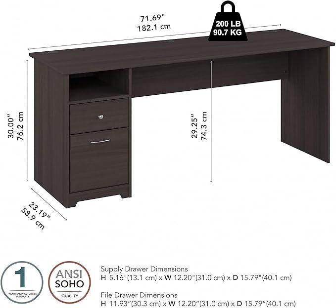 Bush Furniture Cabot Desks for Home Office with Storage and Chrome Hardware | Elegant Computer Table with Drawers, 72W, Heather Gray