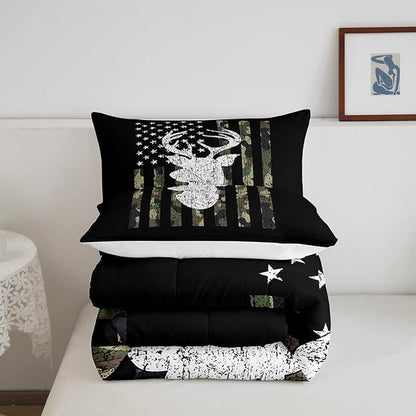 American Flag Comforter Set,Deer Hunting Down Comforter King,Army Green Military Camo Bedding Set For Boys Teens Kids Man,Western Farmhouse Stars Stripes Bedding Quilt Set Bedroom Decor 3 Pcs