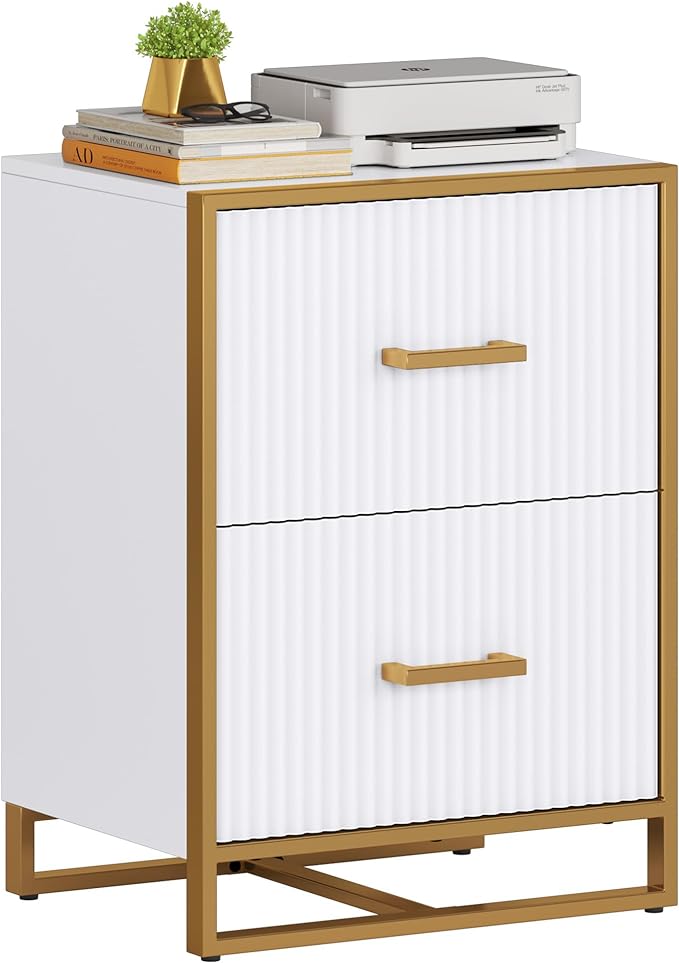 YITAHOME 2 Drawer File Cabinet, Lateral Filing Cabinet for Home Office, White and Gold
