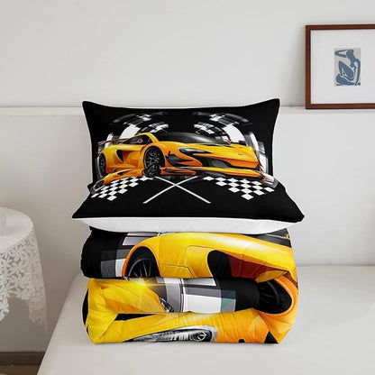 Yellow Race Car Comforter Set King Size, Black and White Grid Quilt Set Extreme Sport Games Bedding Comforters 3pcs for Kids Teens Boys Girls Room Decor,Modern Stylish Duvet Set with 2 Pillowcases