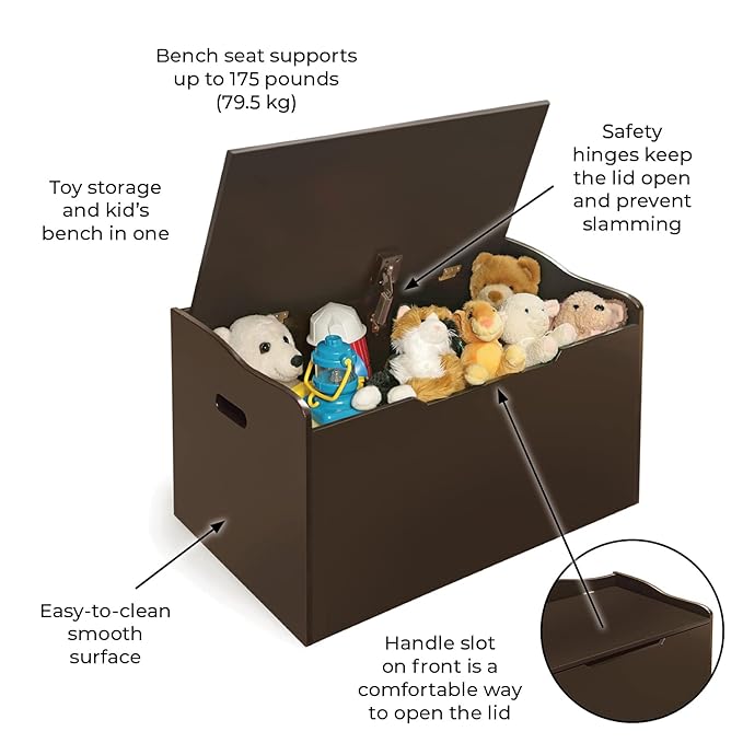 Badger Basket Kid's Wooden Toy Box and Storage Bench Seat with Safety Hinge - Espresso