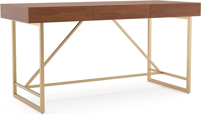Lizon Modern 60 Inch Wood Desk with Drawers, Office Table with Storage, Vanity Without Mirror for Bedroom, Study Room, Dorm, 60-inch, Light Walnut Brown and Gold