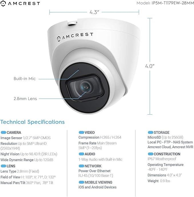 Amcrest 5MP POE Security Camera System Outdoor, 8CH POE NVR, 4pcs 5MP Turret POE Cameras, IP67 Metal Turret POE IP Cameras, Built in Mic, Pre-Installed 2TB Hard Drive, NV4108E-IP5M-T1179EW4-2TB