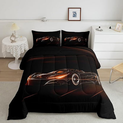 Feelyou Orange Race Car Bedding Set Queen Size for Kids Boys Extreme Sport Games Comforter Set Teens Toddler Fast and Furious Duvet Set Cool Modern Quilt Set 3Pcs