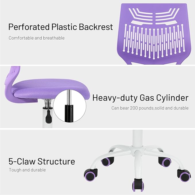 Kids Desk Chair, Armless Home Office Task Chair with Mesh Padded Cushion, Swivel Study Computer Chair with Rolling Wheels for Children Student, Purple