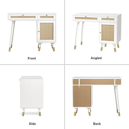 Anmytek Rattan Vanity Desk with Drawers and Storage, White Makeup Vanity Table Modern Home Office Desk Computer Desk for Study D0006