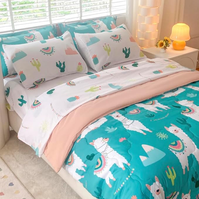 Wajade Kids Llama Comforter Set Bed in A Bag Twin Size 7 Piece Cute Alpaca Tropical Plant Cactus Bedding Set for Girls Boys (1 Comforter, 1 Flat Sheet, 1 Fitted Sheet, 2 Pillowcase and 2 Pillow Sham)