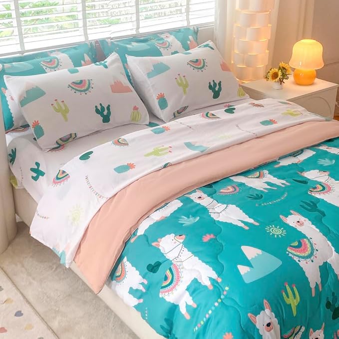 Wajade Kids Cute Llama Comforter Set Bed in A Bag Full Size 7 Piece Green Alpaca Tropical Plant Bedding Set for Girls Boys (1 Comforter, 1 Flat Sheet, 1 Fitted Sheet, 2 Pillowcase and 2 Pillow Sham)