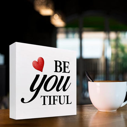 Be You Tiful Sign,Inspirational Quote Wood Box Sign,Motivational Wooden Block Signs,Positive Wood Signs,Decorations for Home Women Girl Room Office Shelf Table Decor