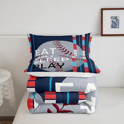 Feelyou Baseball Comforter Set Sports Game Bedding Set for Boys Girls Baseball Gaming Blue Stripe Comforter Gift for Baseball Softball Lover Room Decor King Size Quilt Boys