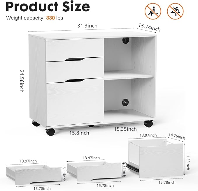 Sweetcrispy 3 Drawer File Cabinet Organizer Lateral Printer Stand Rolling Desk with Adjustable Storage Shelves for Office Home Small Space, White Wood