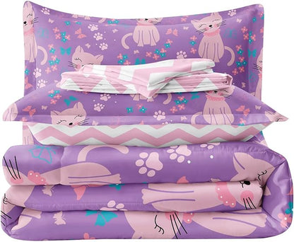 5 Piece Girls Cat Comforter Set Full Size Bed in A Bag Pink Cute Cartoon Cats Bedding Set for Kids Teens (1 Comforter, 1 Flat Sheet, 1 Fitted Sheet, 2 Pillowcases), Purple Pink