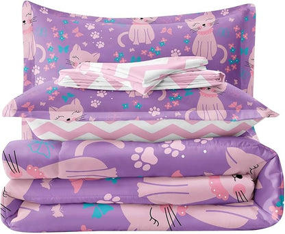5 Piece Girls Cat Comforter Set Twin Size Bed in A Bag Pink Cute Cartoon Cats Bedding Set for Kids Teens (1 Comforter, 1 Flat Sheet, 1 Fitted Sheet, 2 Pillowcases), Purple Pink