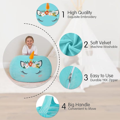 Aubliss Bean Bag Cover for Stuffed Animal Storage - Unicorn Bean Bag Velvet Cover (No Beans) - Large Stuff 'n Sit Organization for Kids Toy Storage (Large, Cyan)