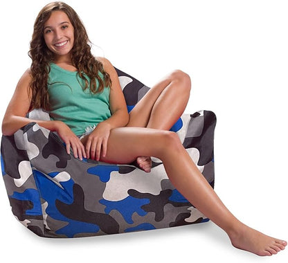 Posh Creations Structured Comfy Bean Bag Chair for Gaming, Reading and Watching TV, Malibu Lounge, Nylon - Camo Blue and Brown