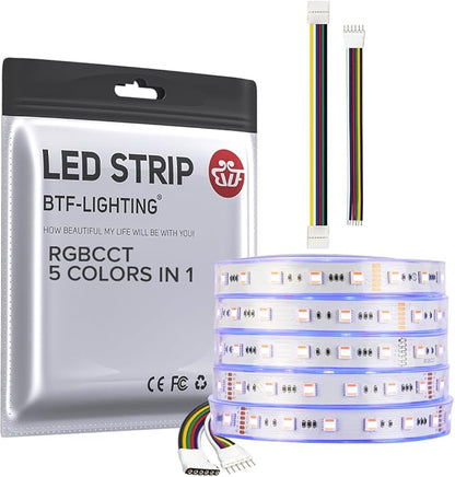 BTF-LIGHTING RGBCCT 5 Colors in 1 LED 5050SMD RGBWW RGB+Dimmable Tunable Color Temperature 2700K-6500K 16.4ft 60LEDs/m 300LEDs DC24V Multi-Colored Tape Lights IP67 White PCB(No Adapter or Controller)