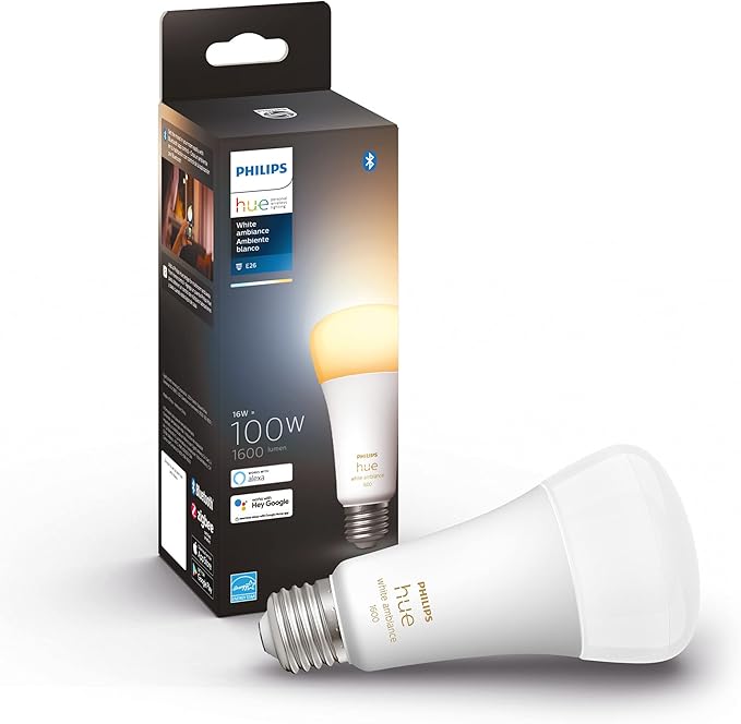 Philips Hue Smart 100W A21 LED Bulb - White Ambiance Warm-to-Cool White Light - 1 Pack - 1600LM & Smart 75W A19 LED Bulb - White and Color Ambiance Color-Changing Light - 1 Pack
