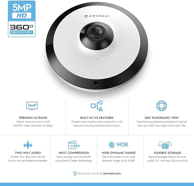 Amcrest Fisheye IP POE Camera, 360° Panoramic 5-Megapixel POE IP Camera, Fish Eye Security Indoor Camera, IVS Features and People Counting, MicroSD Recording, IP5M-F1180EW-V2 (White)