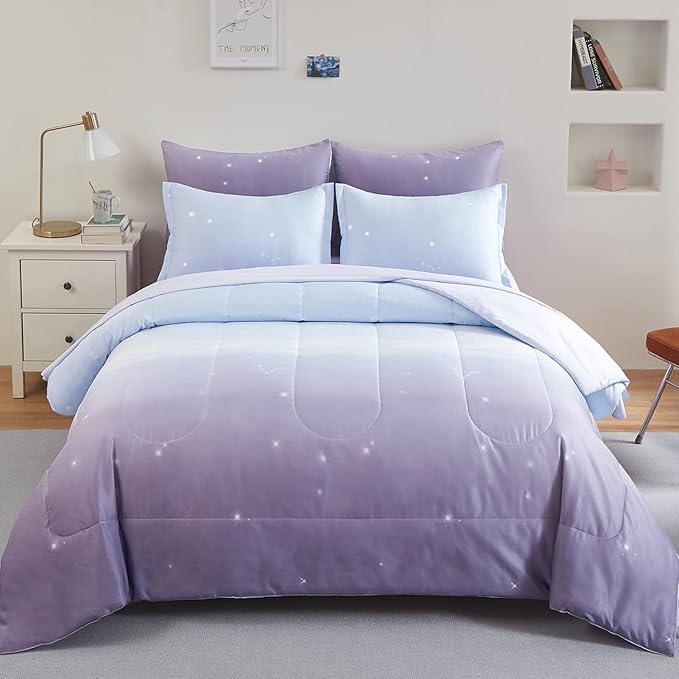 Girls Comforter Set Twin Size 6 Pieces Colorful Ombre Purple Rainbow Bedding Set Bed in A Bag for Kids Teen Girls (1 Comforter, 1 Flat Sheet, 1 Fitted Sheet, 1 Pillow sham, 2 Pillowcases)