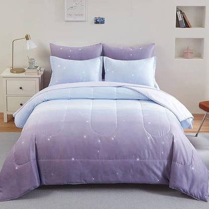 Girls Comforter Set Twin Size 6 Pieces Colorful Ombre Purple Rainbow Bedding Set Bed in A Bag for Kids Teen Girls (1 Comforter, 1 Flat Sheet, 1 Fitted Sheet, 1 Pillow sham, 2 Pillowcases)
