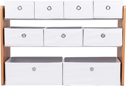 Humble Crew Kids Toy Organizer with 9 Collapsible Fabric Storage, Natural Wood and White Bins