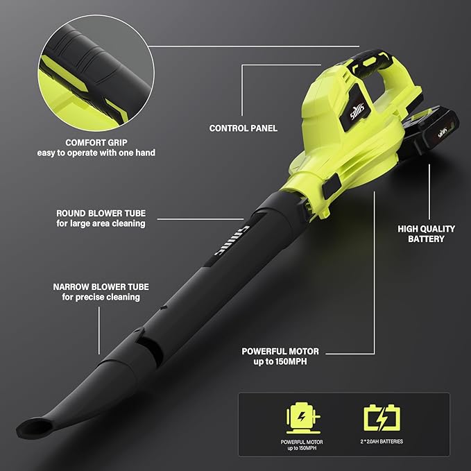 SOYUS Leaf Blower, 20V Leaf Blower Cordless with 2x2.0Ah Battery and Charger, 150 MPH Electric Leaf Blower with Two-Speed Mode, Blowers for Lawn Care, Debris Dust Cleaning(Green)
