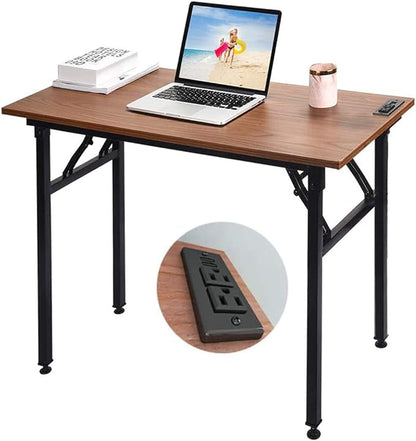 Frylr Small Folding Writing Desk with USB Ports & Power Plugs 31.5x15.7x29 Inch Small Office Computer Desks Portable for Home Office, Foldable Student Study Tables for Small Space, Walnut