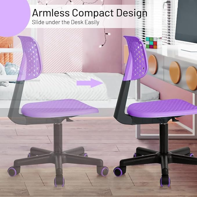 Desk Chair Armless Cute Office Chair, Low Back Rolling Home Office Task Chair Adjustable Swivel Study Chair for Girls Teens Adults Children Kids, Purple