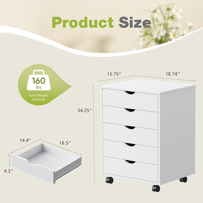 DUMOS 5 Drawer File Cabinet 5 Wood Rolling Organizer Storage Chest with Wheels Mobile Printer Stand for Home Office, White