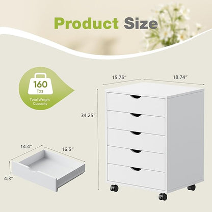 DUMOS 5 Drawer File Cabinet 5 Wood Rolling Organizer Storage Chest with Wheels Mobile Printer Stand for Home Office, White