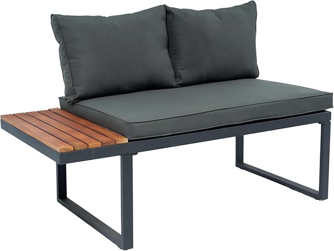 4 Piece Outdoor Patio Furniture Wicker L-Shaped Sectional Sofa Set with Built-in Side Table&Wood TeaTable, 5-Seater Seating Group Couch, for Garden Backyard, Dark Grey Cushion