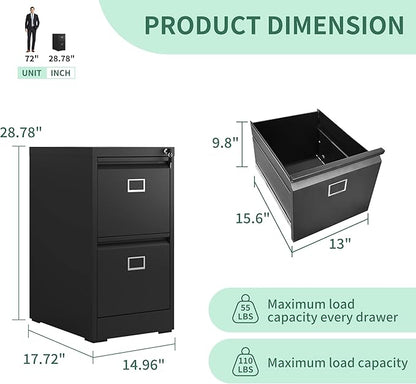 2 Drawer File Cabinet,Metal Vertical File Cabinets with Lock for Home Office,Heavy Duty Office Steel Filing Cabinet for Hanging Letters/Legal/A4, Assembly Required (Black)