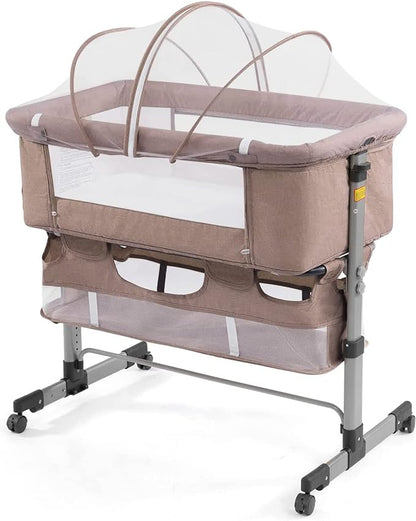 3in1 Bedside Crib for Girl or Boy, Bedside Sleeper for Baby Portable and Adjustable Crib with Mosquito net for Newborn Baby,Deep Khaki