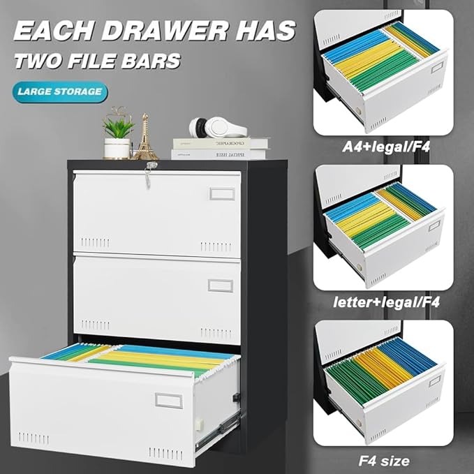 3 Drawer Metal Lateral Lock and Card Holder,Office Vertical Files Storage Cabinets w/Heavy 3 Section Slide Rail & Breathable Holes,for Legal/Letter/A4,Black+White