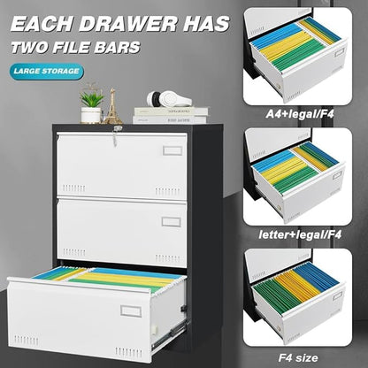 3 Drawer Metal Lateral Lock and Card Holder,Office Vertical Files Storage Cabinets w/Heavy 3 Section Slide Rail & Breathable Holes,for Legal/Letter/A4,Black+White