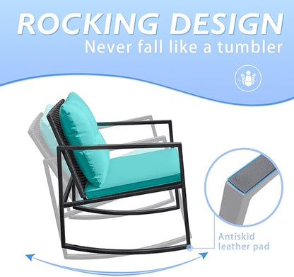 Greesum 3 Pieces Rocking Wicker Bistro Set, Patio Outdoor Furniture Conversation Sets with Porch Chairs and Glass Coffee Table, Blue