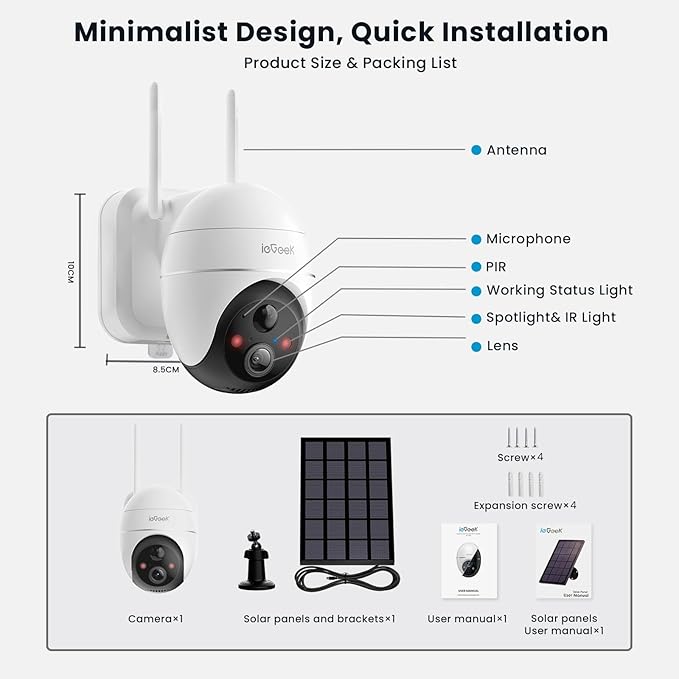ieGeek 5MP Security Cameras Wireless Outside, Solar Camera Outdoor Wireless WiFi 360° PTZ Battery Powered with Spotlight & Siren/Motion Detection/Color Night Vision/2-Way Audio/IP65, Works with Alexa