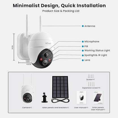 ieGeek 5MP Security Cameras Wireless Outside, Solar Camera Outdoor Wireless WiFi 360° PTZ Battery Powered with Spotlight & Siren/Motion Detection/Color Night Vision/2-Way Audio/IP65, Works with Alexa